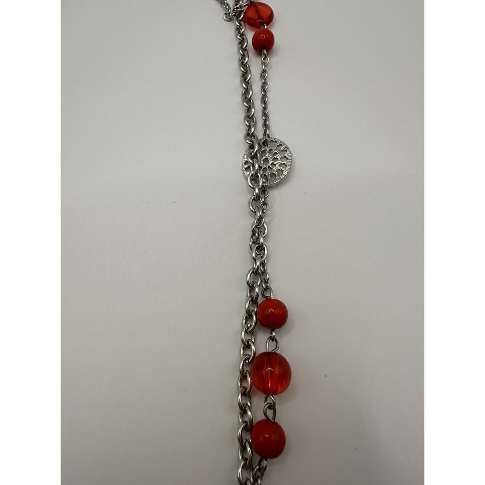 Silver Tone Multi Strand Chain Necklace With Red Plastic Beads 40” - Picture 4 of 8